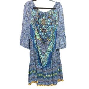 Sandra Darren Floral Sheer Dress Off Shoulder Bell Sleeve Boho Mandala Sz L/XL